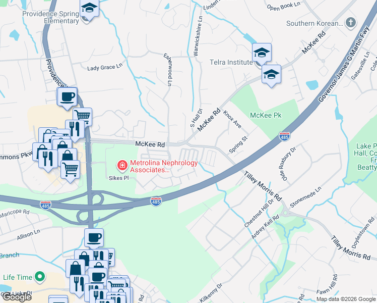 map of restaurants, bars, coffee shops, grocery stores, and more near 10703 Yellow Tail Court in Charlotte
