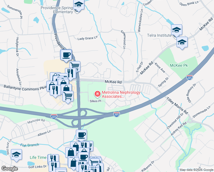map of restaurants, bars, coffee shops, grocery stores, and more near 10928 Alderbrook Lane in Charlotte