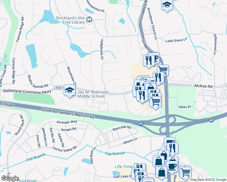 map of restaurants, bars, coffee shops, grocery stores, and more near 5530 Ballantyne Commons Parkway in Charlotte