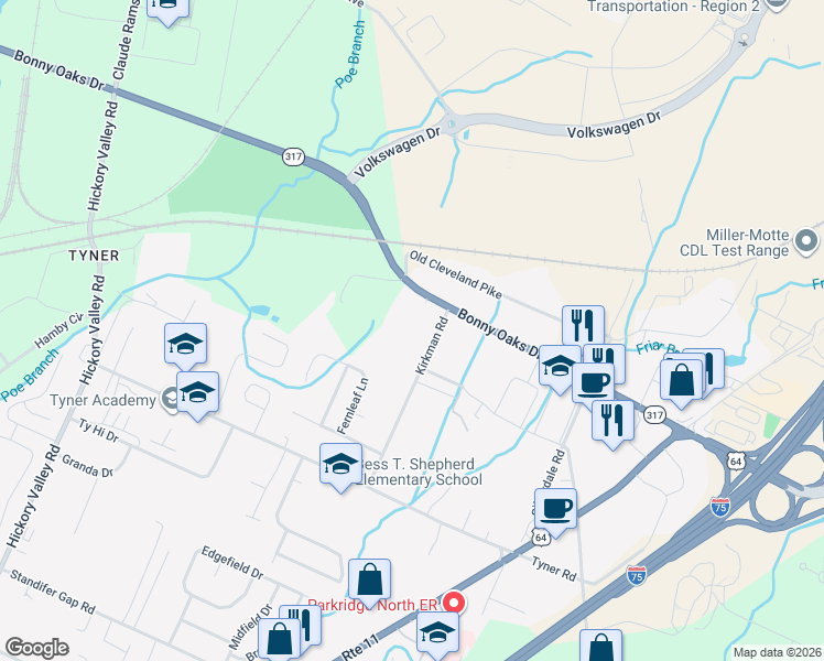 map of restaurants, bars, coffee shops, grocery stores, and more near 2921 Kirkman Road in Chattanooga