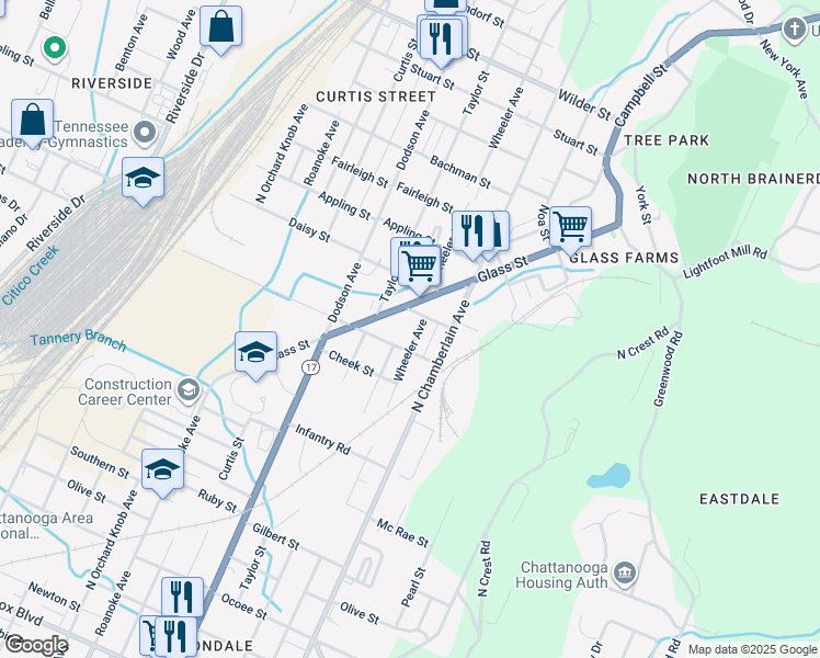 map of restaurants, bars, coffee shops, grocery stores, and more near 2312 Wheeler Avenue in Chattanooga