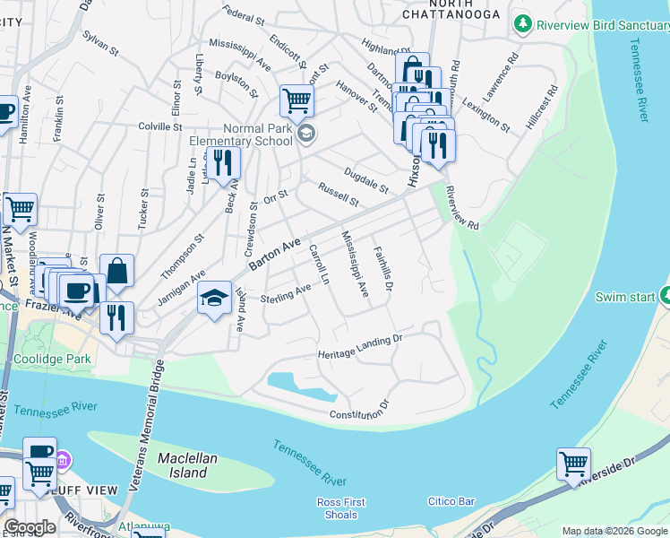 map of restaurants, bars, coffee shops, grocery stores, and more near 1506 Mississippi Avenue in Chattanooga