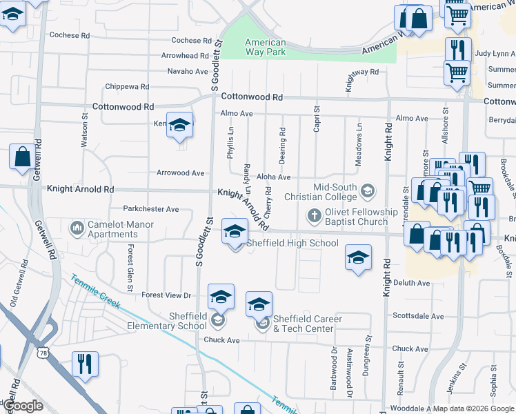 map of restaurants, bars, coffee shops, grocery stores, and more near 4331 Knight Arnold Road in Memphis