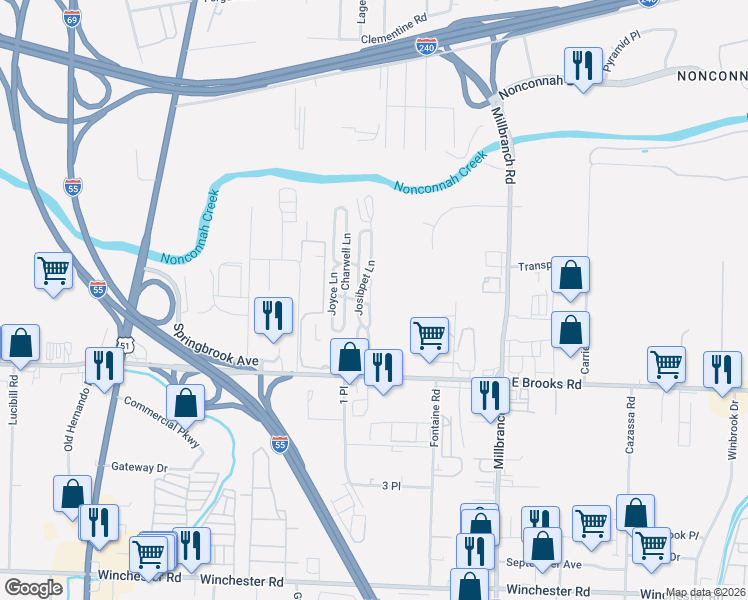 map of restaurants, bars, coffee shops, grocery stores, and more near 3100 Pamsijo Lane in Memphis