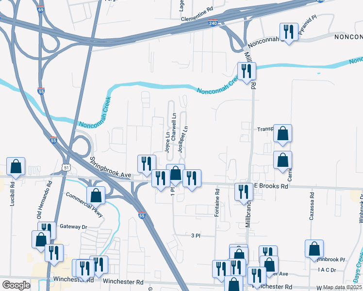 map of restaurants, bars, coffee shops, grocery stores, and more near 3101 Josibpet Lane in Memphis