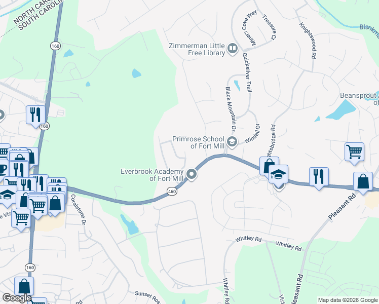 map of restaurants, bars, coffee shops, grocery stores, and more near 247 Sycamore Creek Road in Fort Mill