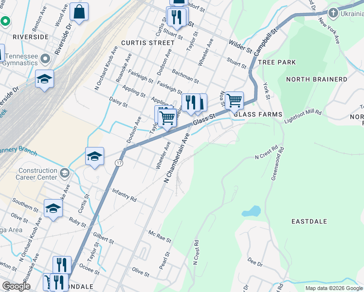 map of restaurants, bars, coffee shops, grocery stores, and more near 2320 North Chamberlain Avenue in Chattanooga