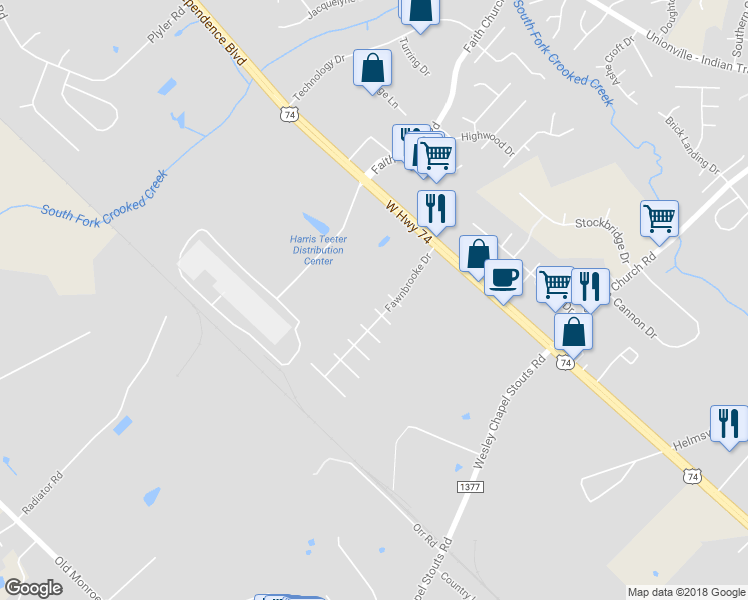 map of restaurants, bars, coffee shops, grocery stores, and more near 5904 Crosswinds Court in Indian Trail
