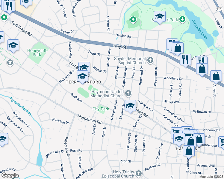 map of restaurants, bars, coffee shops, grocery stores, and more near 1900 Fort Bragg Road in Fayetteville