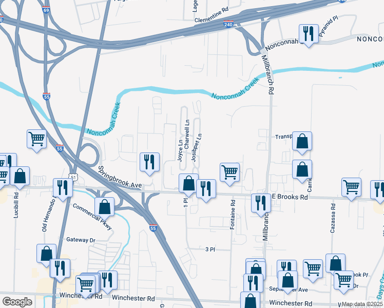 map of restaurants, bars, coffee shops, grocery stores, and more near 3101 Josibpet Lane in Memphis