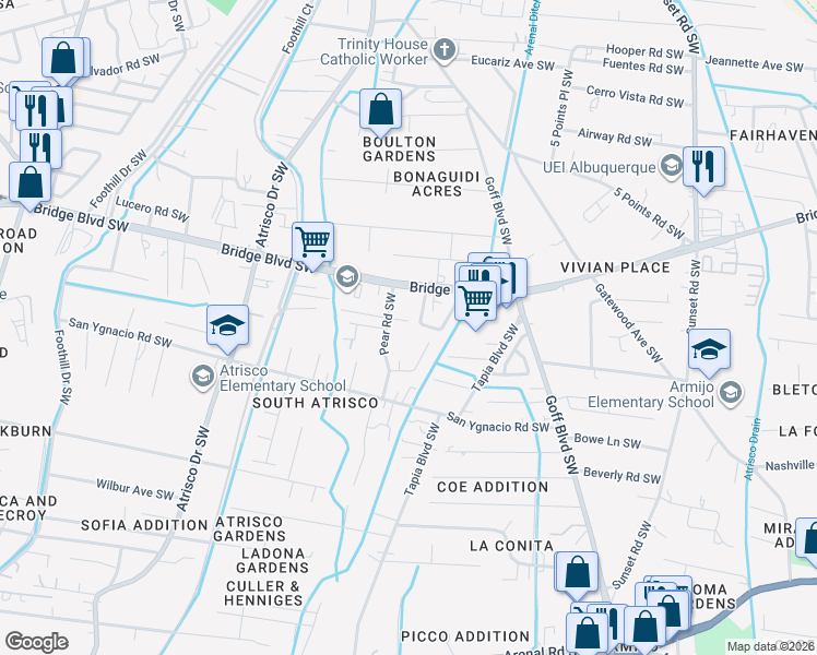 map of restaurants, bars, coffee shops, grocery stores, and more near 1900 Shari Vista Rd SW in Albuquerque