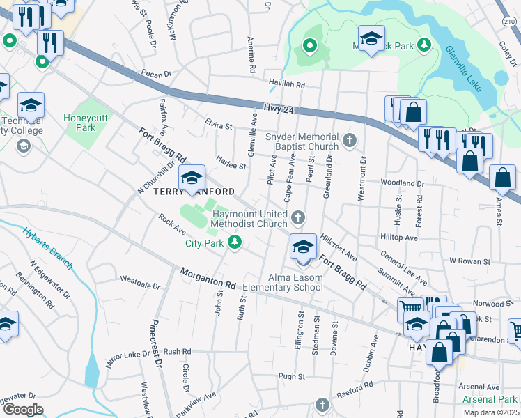 map of restaurants, bars, coffee shops, grocery stores, and more near 1900 Fort Bragg Road in Fayetteville