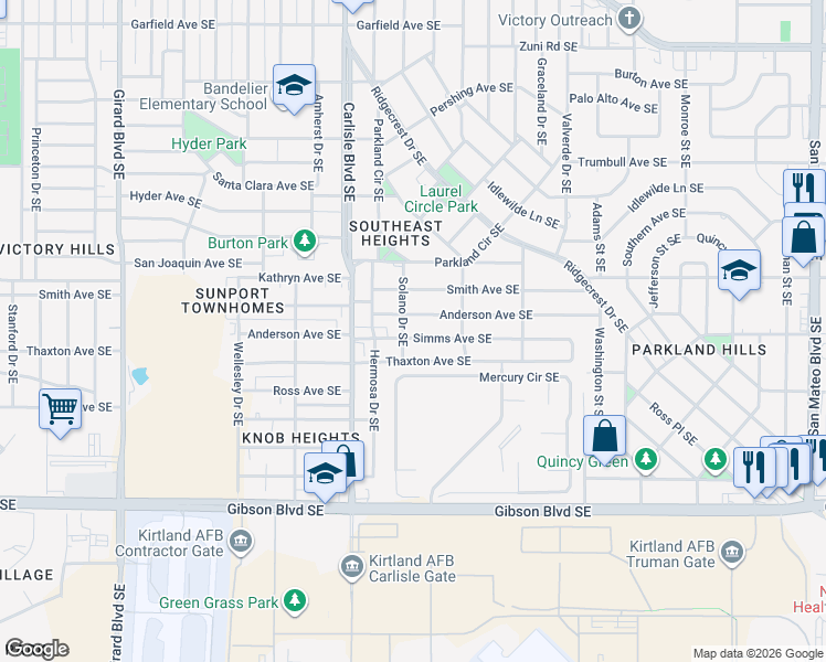 map of restaurants, bars, coffee shops, grocery stores, and more near 3805 Simms Avenue Southeast in Albuquerque