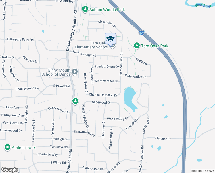map of restaurants, bars, coffee shops, grocery stores, and more near 586 Wilkes Cove in Collierville