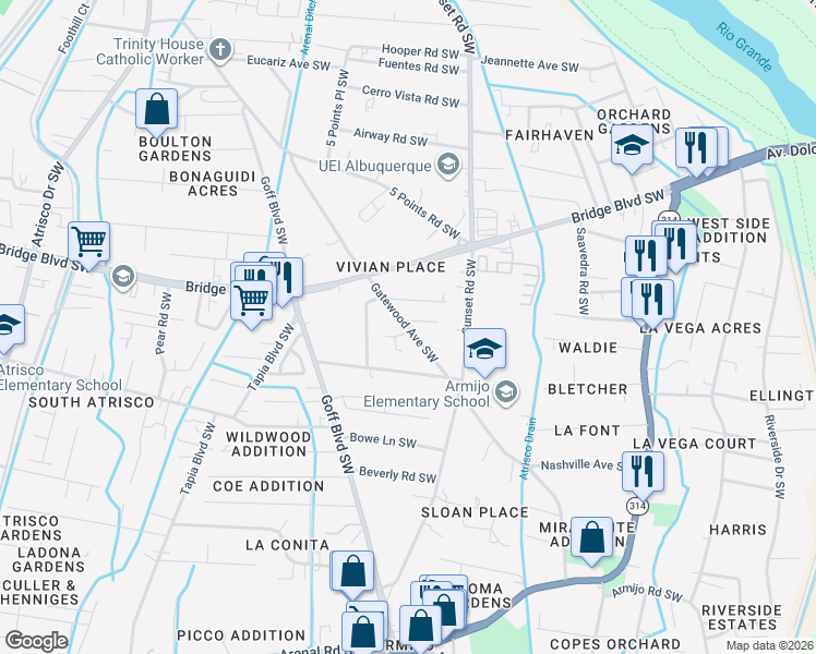 map of restaurants, bars, coffee shops, grocery stores, and more near 1128 Gatewood Avenue Southwest in Albuquerque