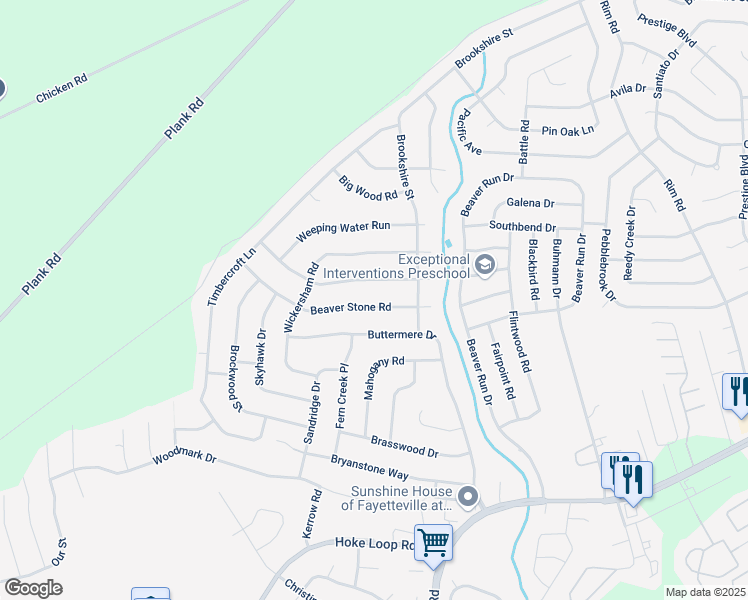 map of restaurants, bars, coffee shops, grocery stores, and more near 6830 Beaver Stone Road in Fayetteville