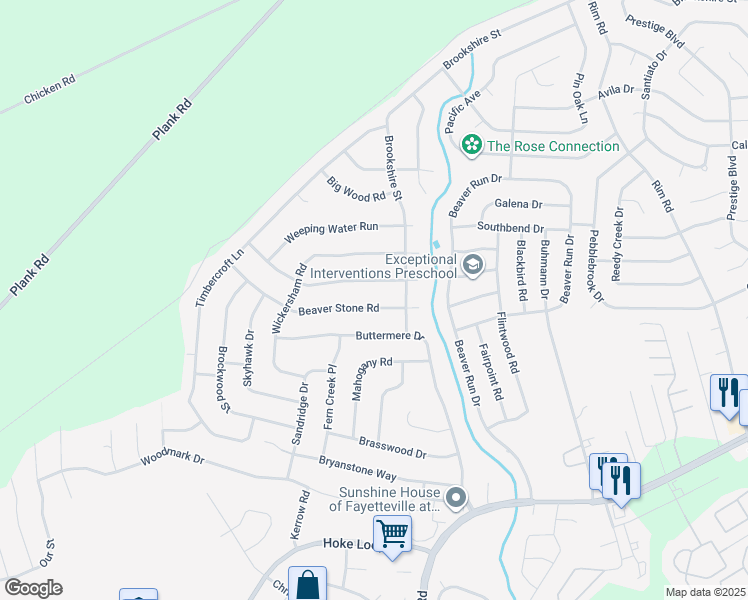 map of restaurants, bars, coffee shops, grocery stores, and more near 6822 Beaver Stone Road in Fayetteville