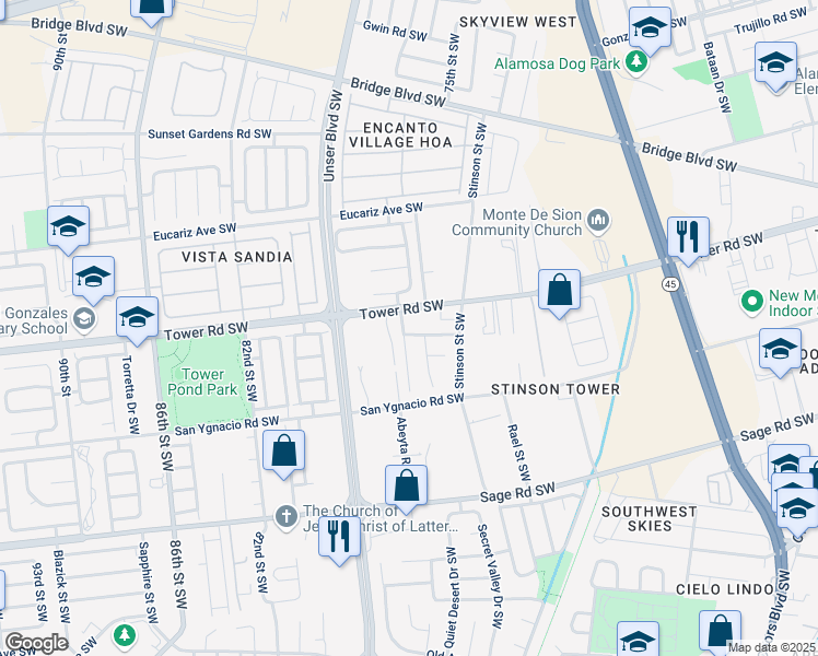map of restaurants, bars, coffee shops, grocery stores, and more near 7519 Sombrillo Avenue Southwest in Albuquerque