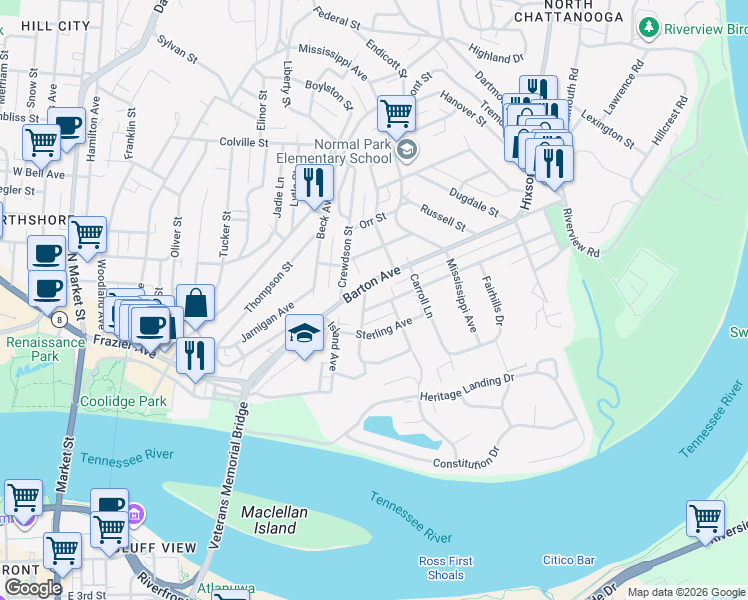 map of restaurants, bars, coffee shops, grocery stores, and more near 503 Young Avenue in Chattanooga