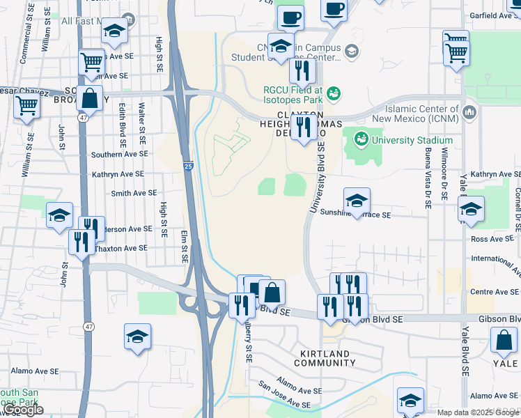 map of restaurants, bars, coffee shops, grocery stores, and more near Cedar Street in Albuquerque