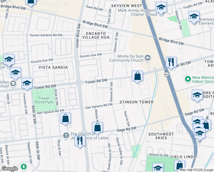 map of restaurants, bars, coffee shops, grocery stores, and more near 7411 Sombrillo Avenue Southwest in Albuquerque