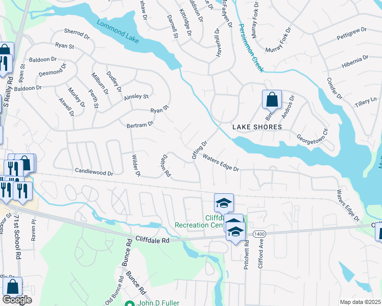 map of restaurants, bars, coffee shops, grocery stores, and more near 5933 Waters Edge Drive in Fayetteville