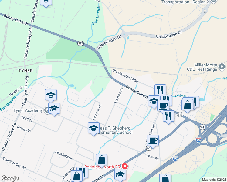 map of restaurants, bars, coffee shops, grocery stores, and more near 2921 Kirkman Road in Chattanooga