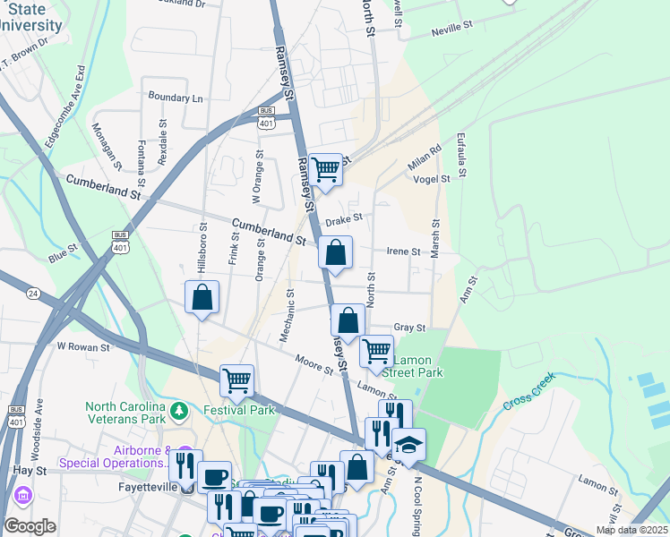 map of restaurants, bars, coffee shops, grocery stores, and more near 708 Ramsey Street in Fayetteville
