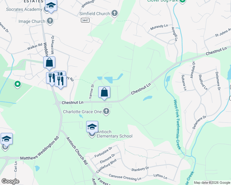 map of restaurants, bars, coffee shops, grocery stores, and more near 317 Hidden Cove Lane in Stallings