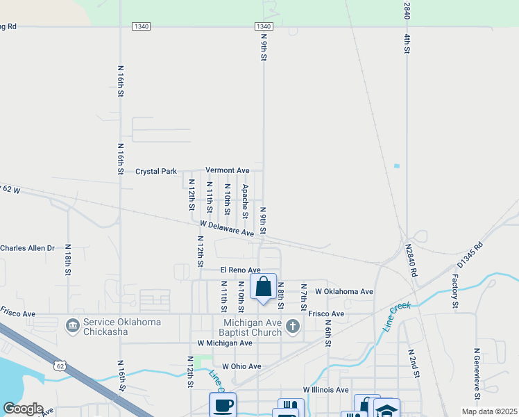 map of restaurants, bars, coffee shops, grocery stores, and more near 1023 North 9th Street in Chickasha