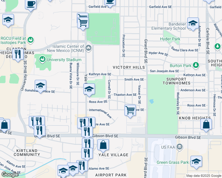 map of restaurants, bars, coffee shops, grocery stores, and more near 1628 Cornell Drive Southeast in Albuquerque