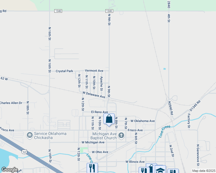 map of restaurants, bars, coffee shops, grocery stores, and more near 1023 North 9th Street in Chickasha