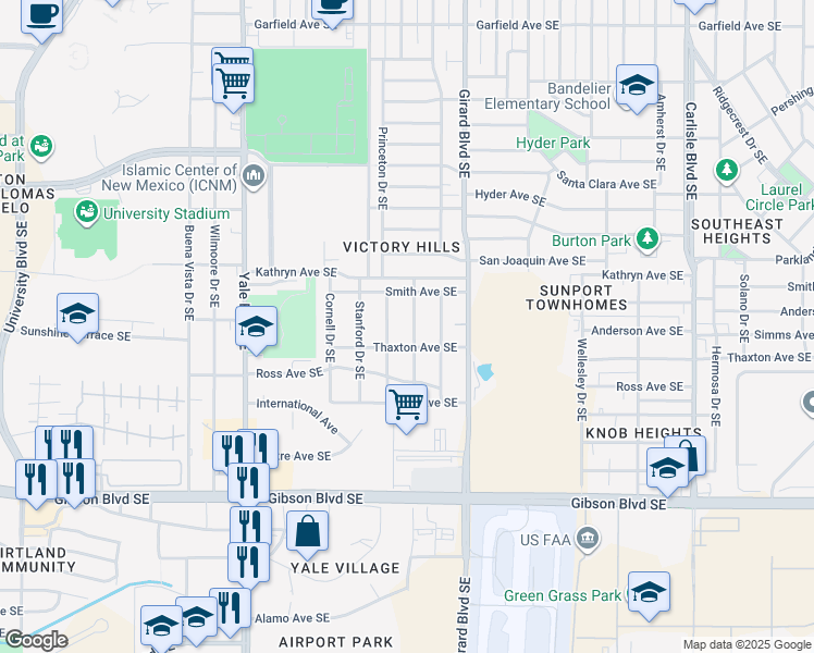 map of restaurants, bars, coffee shops, grocery stores, and more near 1631 Princeton Drive Southeast in Albuquerque