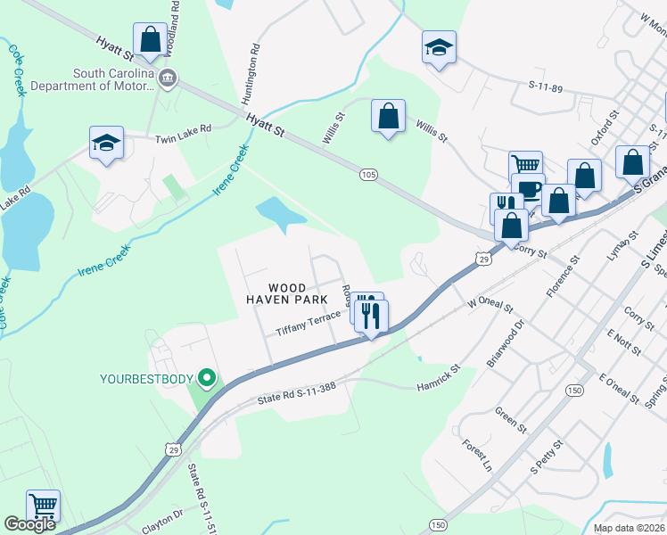 map of restaurants, bars, coffee shops, grocery stores, and more near 303 Rodgers Street in Gaffney