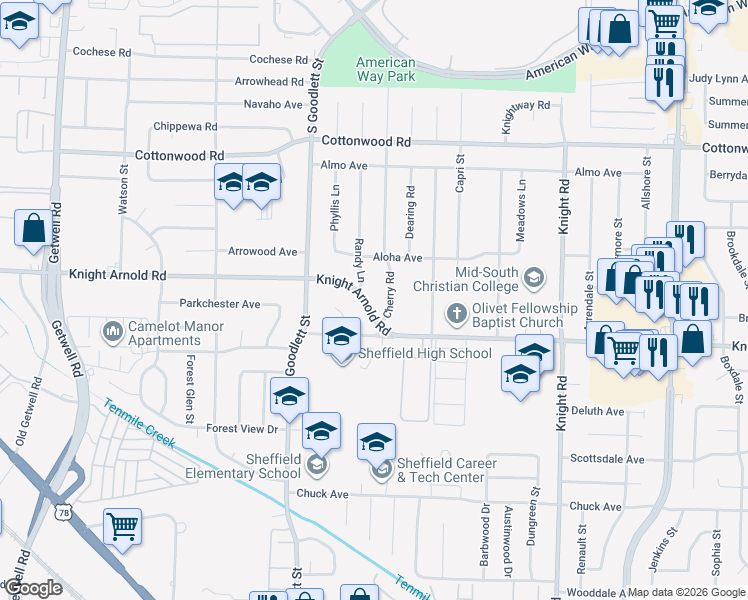 map of restaurants, bars, coffee shops, grocery stores, and more near 4331 Knight Arnold Road in Memphis