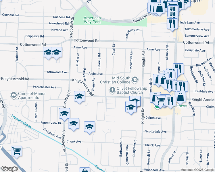 map of restaurants, bars, coffee shops, grocery stores, and more near 3108 Danville Road in Memphis
