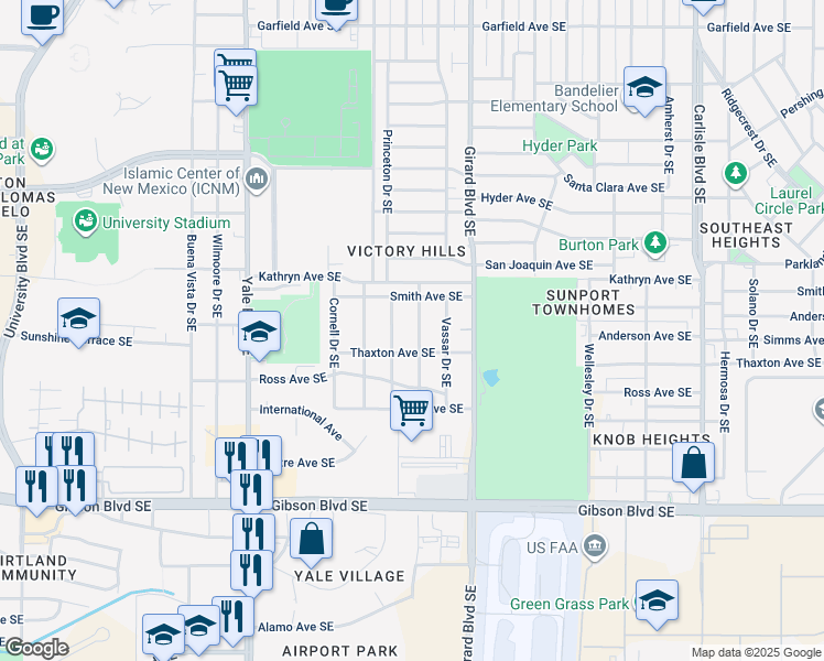 map of restaurants, bars, coffee shops, grocery stores, and more near 1631 Princeton Drive Southeast in Albuquerque