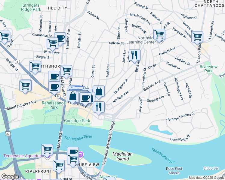 map of restaurants, bars, coffee shops, grocery stores, and more near 312 Tremont St in Chattanooga