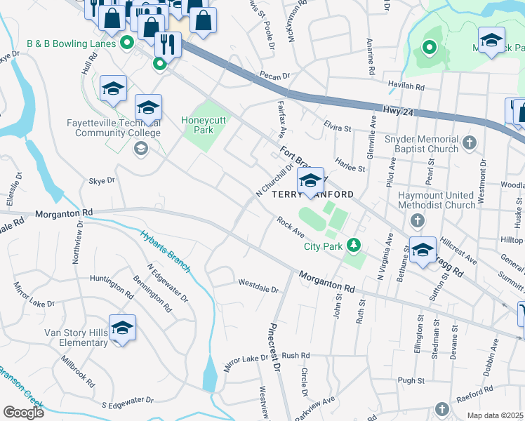 map of restaurants, bars, coffee shops, grocery stores, and more near 2132 Rock Avenue in Fayetteville