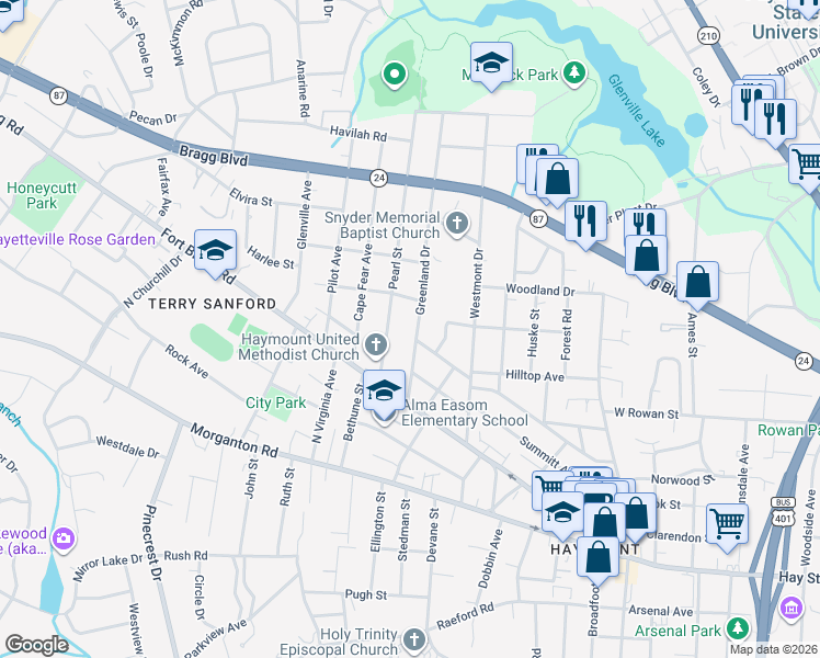 map of restaurants, bars, coffee shops, grocery stores, and more near 603 Greenland Drive in Fayetteville