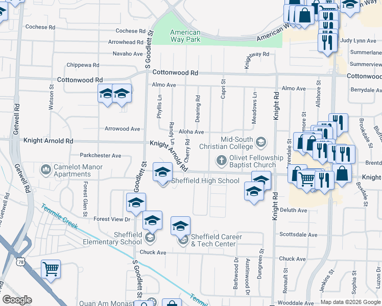 map of restaurants, bars, coffee shops, grocery stores, and more near 3108 Cherry Road in Memphis