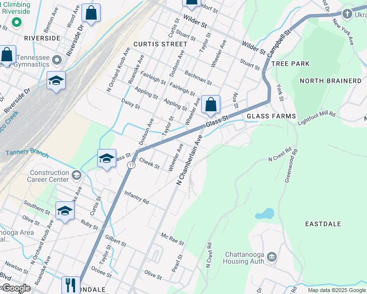 map of restaurants, bars, coffee shops, grocery stores, and more near 2312 Wheeler Avenue in Chattanooga