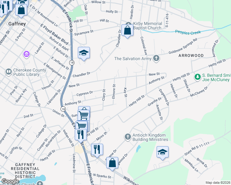 map of restaurants, bars, coffee shops, grocery stores, and more near 1113 Elmore Street in Gaffney
