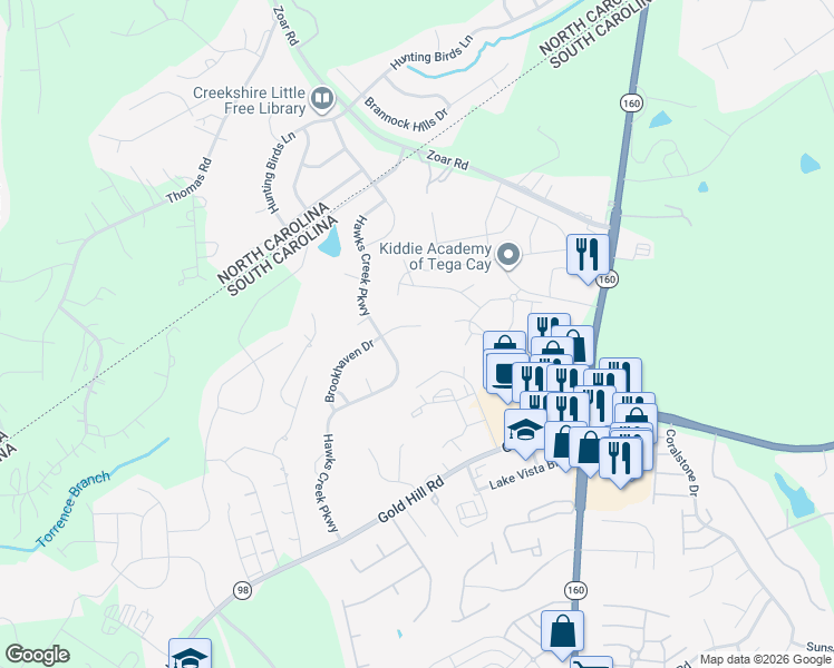 map of restaurants, bars, coffee shops, grocery stores, and more near 644 Brookhaven Drive in Fort Mill