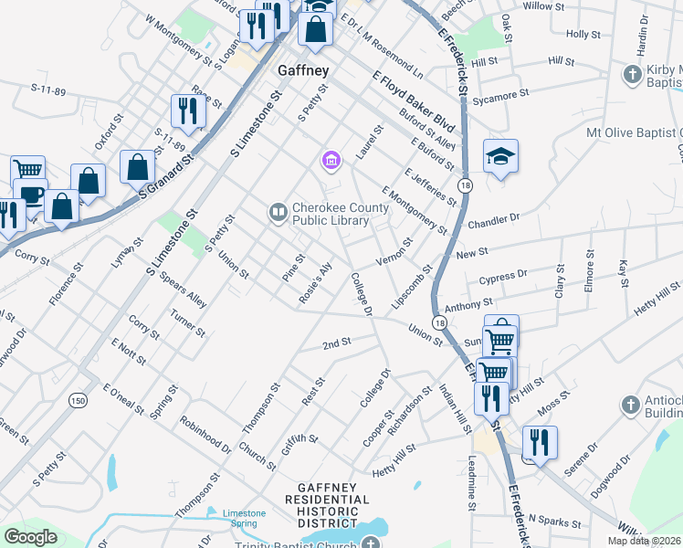 map of restaurants, bars, coffee shops, grocery stores, and more near 534 East Rutledge Avenue in Gaffney