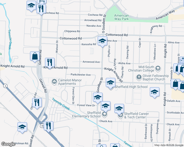 map of restaurants, bars, coffee shops, grocery stores, and more near 4212 Parkchester Avenue in Memphis