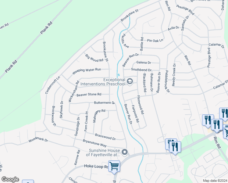 map of restaurants, bars, coffee shops, grocery stores, and more near 6802 Beaverstone Drive in Fayetteville