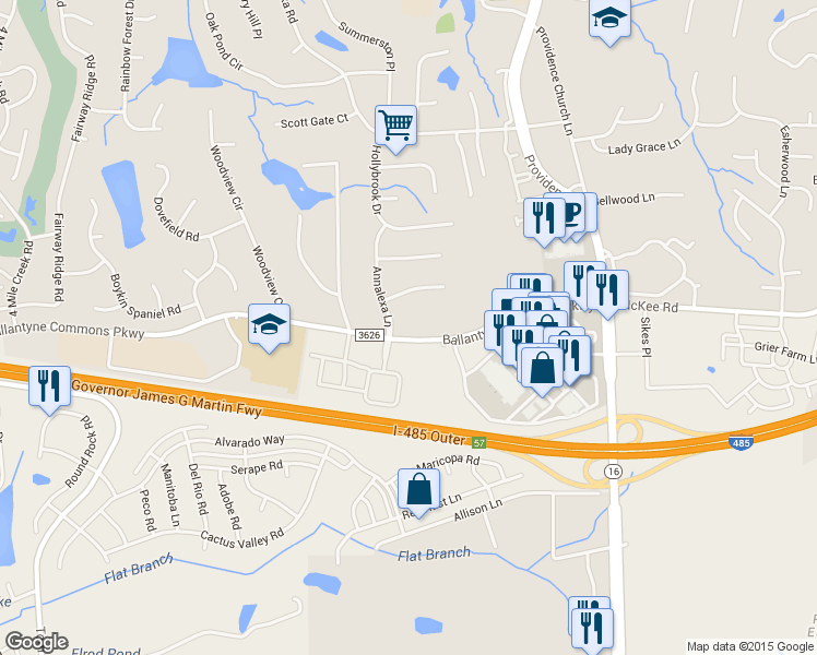 map of restaurants, bars, coffee shops, grocery stores, and more near 5530 Ballantyne Commons Parkway in Charlotte