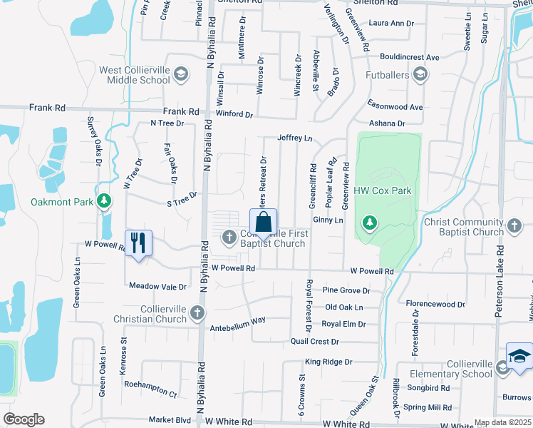 map of restaurants, bars, coffee shops, grocery stores, and more near 896 Hunters Retreat Drive in Collierville