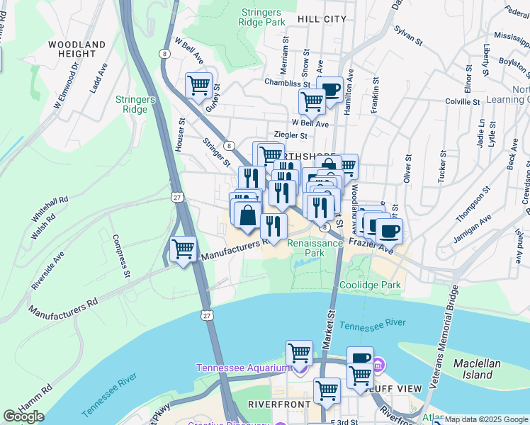map of restaurants, bars, coffee shops, grocery stores, and more near 300 Cherokee Boulevard in Chattanooga